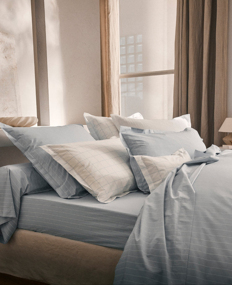 Drap housse percale imprimé Bleu azur rayé